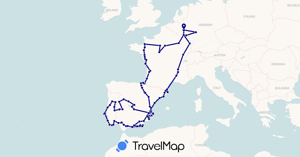 TravelMap itinerary: driving in Belgium, Germany, Spain, France, Luxembourg, Portugal (Europe)